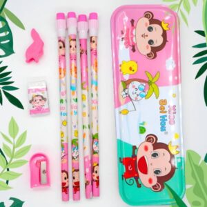 Stationery Gift Set Comprises of Pencil Box, Sharpener, Eraser, 4 Pencils with top Eraser, 1 Top Eraser (Pink)