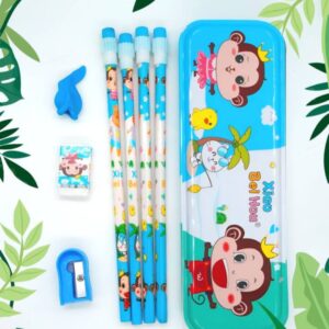 Stationery Gift Set Comprises of Pencil Box, Sharpener, Eraser, 4 Pencils with top Eraser, 1 Top Eraser (Blue)