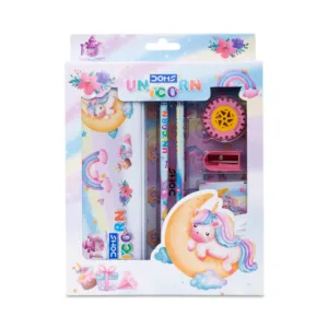 DOMS Unicorn Kit (1N Tin Box, 1N Wax Crayons Pack (12 Shades), 2N Pencil, 1N Eraser, 1N Scale, 1N Sharpener 1)