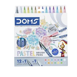 DOMS Super Soft Tip Pastel Shades Brush Pen Set | 12 Pastel Shades + 1 Silver Shade + 1 Blender |