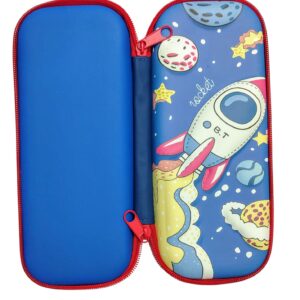 3D EVA Design Embossed Hardtop Cover Pencil Case with Compartments, Pencil Pouch for Kids, School Supply Organizer, Geometry Stationery Box, Cosmetic Zip Pouch Bag (Rocket)