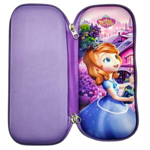 3D Design Embossed Hardtop Cover Pencil Case with Compartments, Pencil Pouch for Kids, School Supply Organizer, Geometry Stationery Box, Cosmetic Zip Pouch Bag (Purple Sofia the First)