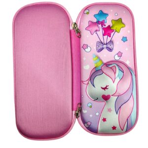 3D Design Embossed Hardtop Cover Pencil Case with Compartments, Pencil Pouch for Kids, School Supply Organizer, Geometry Stationery Box, Cosmetic Zip Pouch Bag (Pink Unicorn)
