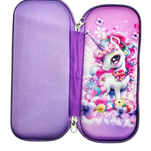 3D Design Embossed Hardtop Cover Pencil Case with Compartments, Pencil Pouch for Kids, School Supply Organizer, Geometry Stationery Box, Cosmetic Zip Pouch Bag (Purple Unicorn)