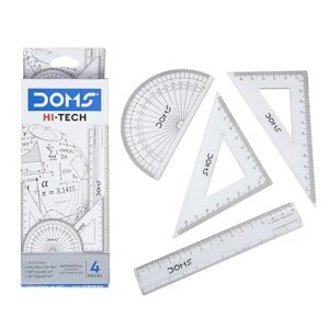 DOMS Hi-Tech Mathematical Instruments Set | 4 Pcs Measuring Items in Box | for Student, School & Stationery | Ideal for Geometry Designs, Dimensions & Measuring