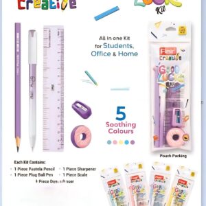 FLAIR creative Good Luck Pencil Kit- Includes 1 Ballpoint Pen 0.7mm Blue Ink, 1 Extra Dark Wooden Graphite Pencil, 1 Long Point Sharpener, 1 Low Dust Eraser, 1 Plastic Scale 15 Cm.