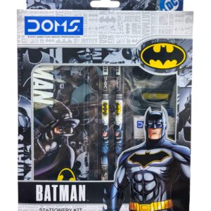 DOMS BATMAN Stationery Kit – A Complete Gift Set for Kids (2 Premium Pencils 🎨 Wax Crayons Pack (12 Shades), Scale (Ruler), Eraser, Pencil Sharpener, Stylish Metal Tin Box)