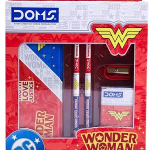 DOMS Wonder Woman Stationery Kit – A Complete Gift Set for Kids (2 Premium Pencils 🎨 Wax Crayons Pack (12 Shades), Scale (Ruler), Eraser, Pencil Sharpener 📦 Stylish Metal Tin Box)