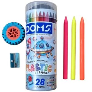 DOMS 28 Shades Erasable Plastic Crayons Round Tin Box- Includes Yellow, Orange & Pink Neon Shades, 1 E-Racer Eraser & 1 Pencil Sharpener_ Smooth & Bright Colours