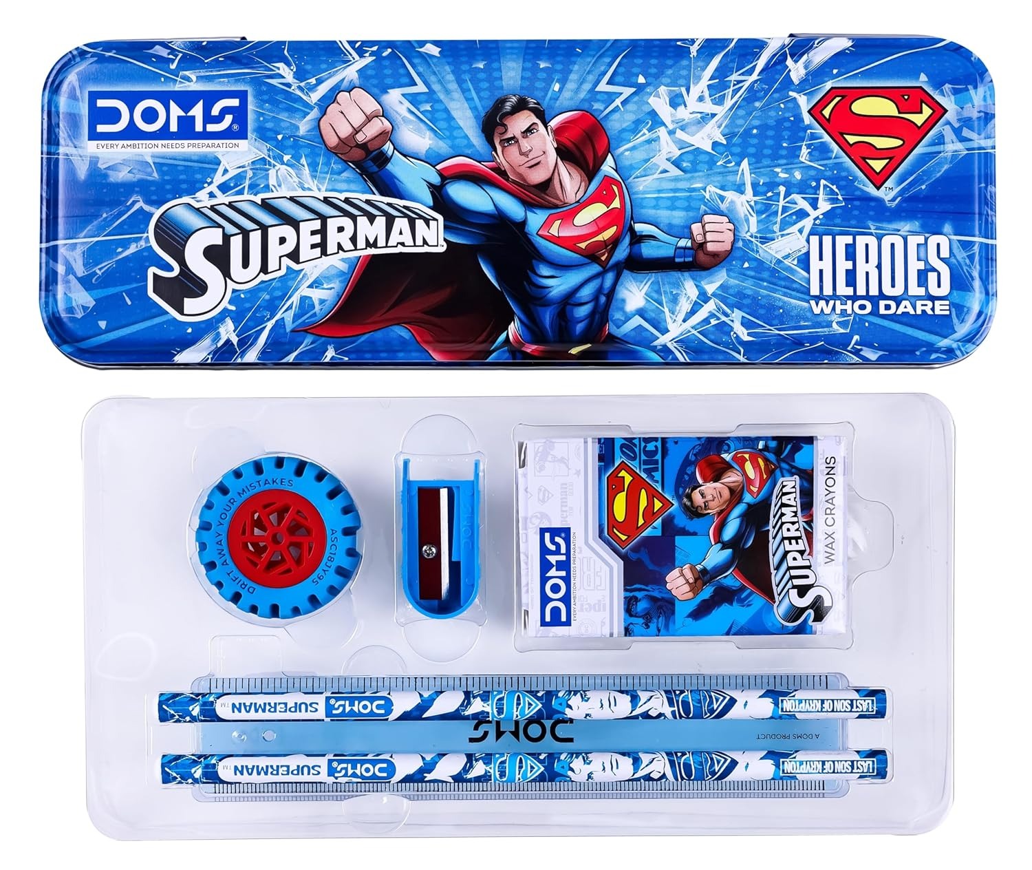 doms superman heros who dare pencil compass crayons eraser sharpner kit 1