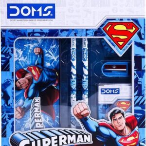 DOMS Superman Stationery Kit – Heroes Who Dare (2 Premium Pencils 🎨 Wax Crayons Pack (12 Shades) 📏 Scale (Ruler) ✏️ Eraser 🔪 Pencil Sharpener 📦 Stylish Metal Tin Box)